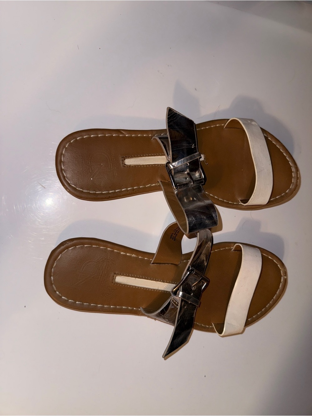 NDI Two-Band Slide Sandals in Brown, White and Metallic